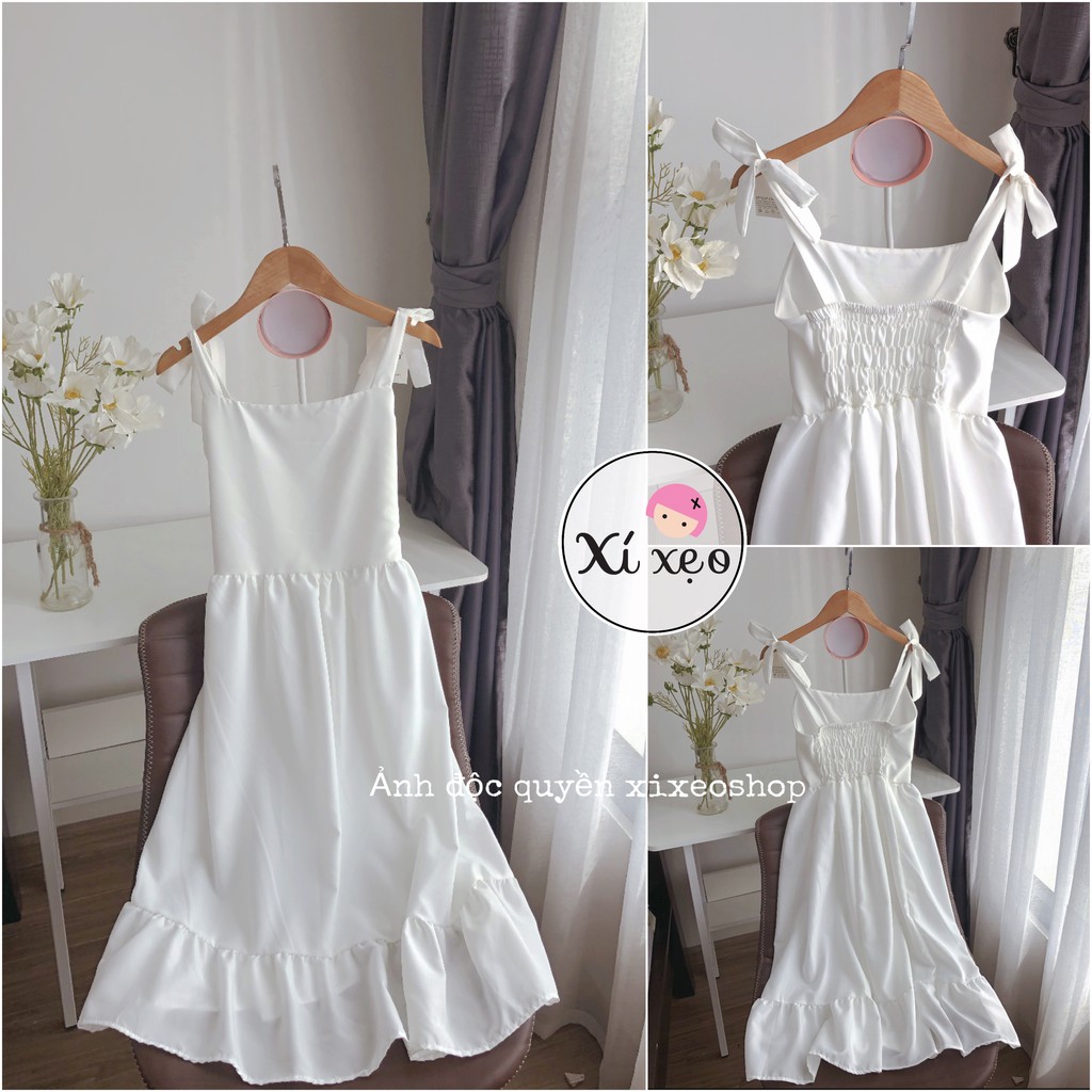 Váy đầm 2 dây nữ trắng đuôi cá nơ vai tiểu thư xixeoshop - V8 | BigBuy360 - bigbuy360.vn