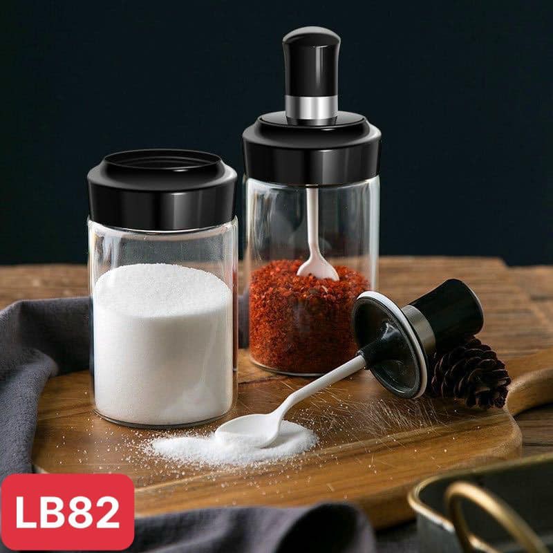 Combo 2 Lọ đựng gia vị kèm thìa 250ml, thủy tinh cao cấp, thìa gắn liền với nắp hộp thông minh