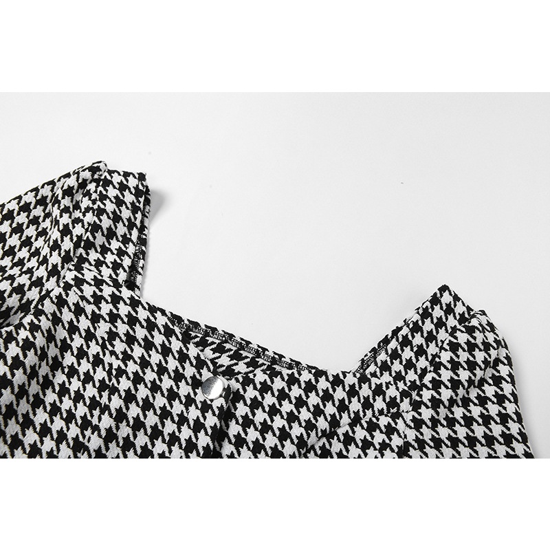 Áo Thun Ngắn Tay Cổ Vuông Phối Nút Họa Tiết Houndstooth Thời Trang Cho Nữ