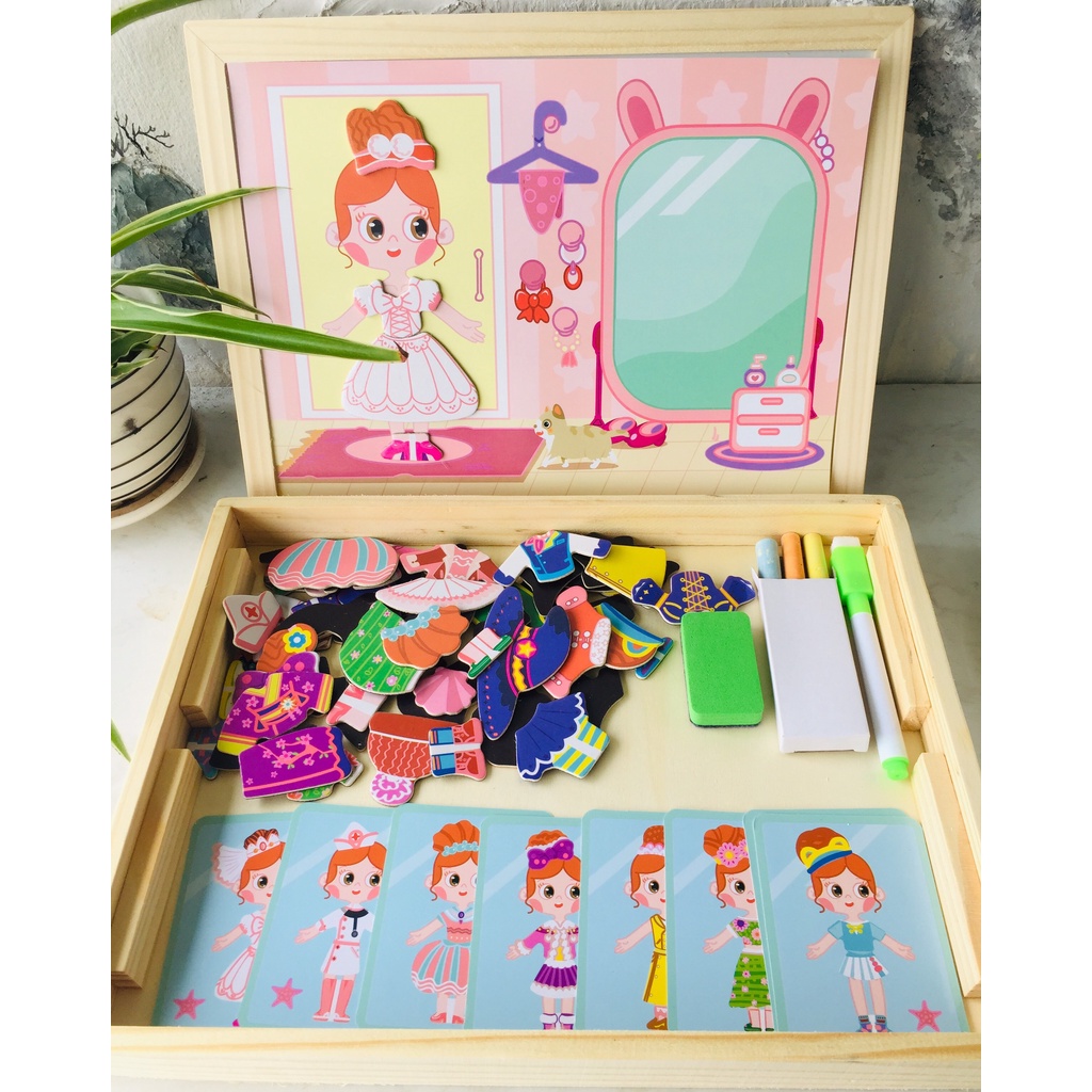 BỘ ĐỒ CHƠI THAY TRANG PHỤC NHÂN VẬT ANIME BẰNG GỖ CÓ NAM CHÂM - Mẫu mới kèm bảng đen có phấn