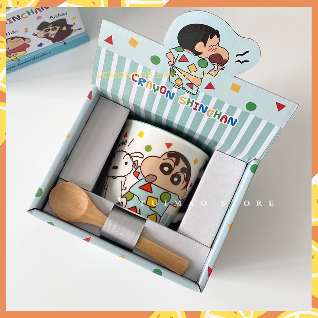 Cốc gốm Phim hoạt hình Shin Cậu Bé Bút Chì full box hộp quà tặng kèm thìa muỗng dễ thương