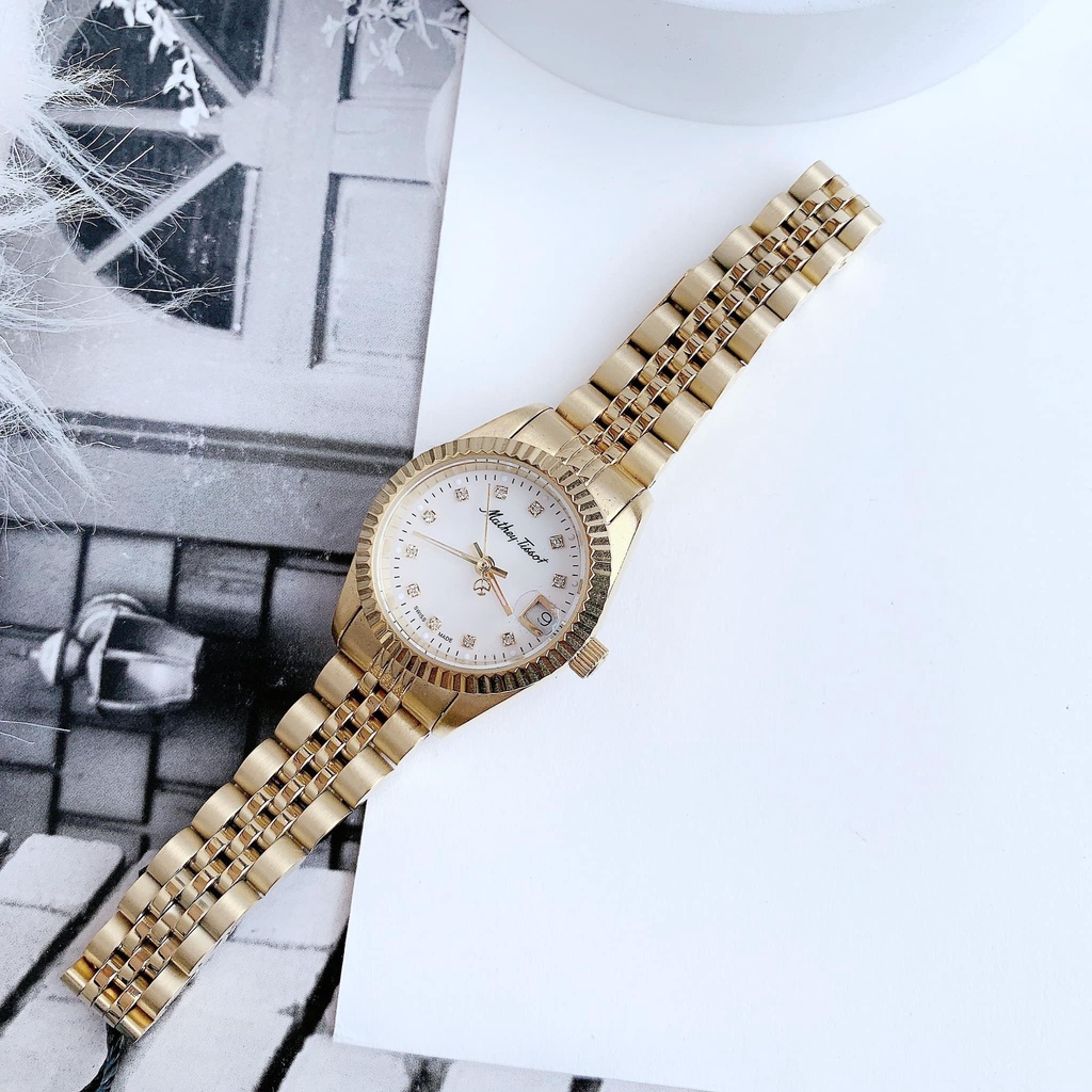 Đồng hồ nữ Mathey Tissot mặt trắng, dây vàng D710PI