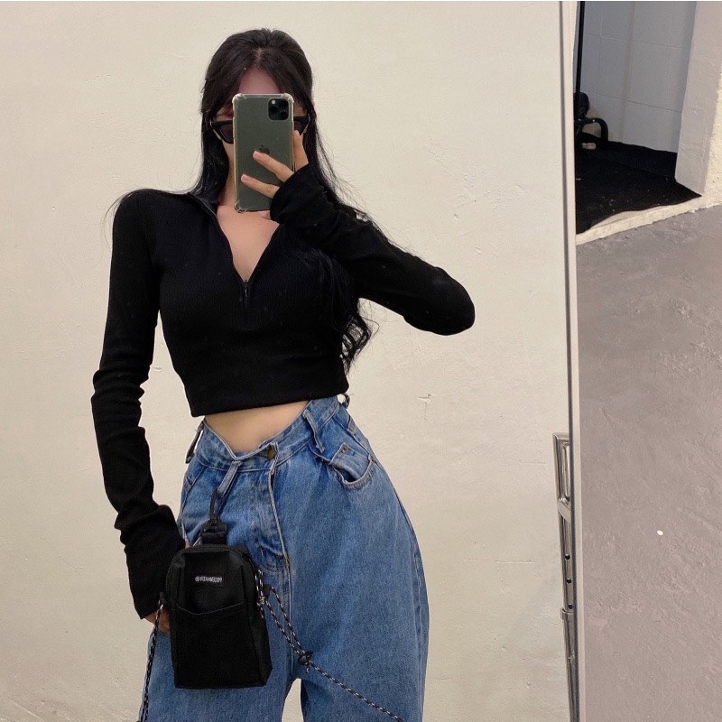 Áo body gân croptop khoá kéo trendy 2022