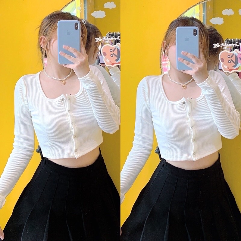 Áo Croptop Dài Tay Có Cúc Bấm Trước Áo Kiểu Nữ Chất Liệu Thun Mềm Mại - Titifa Shop