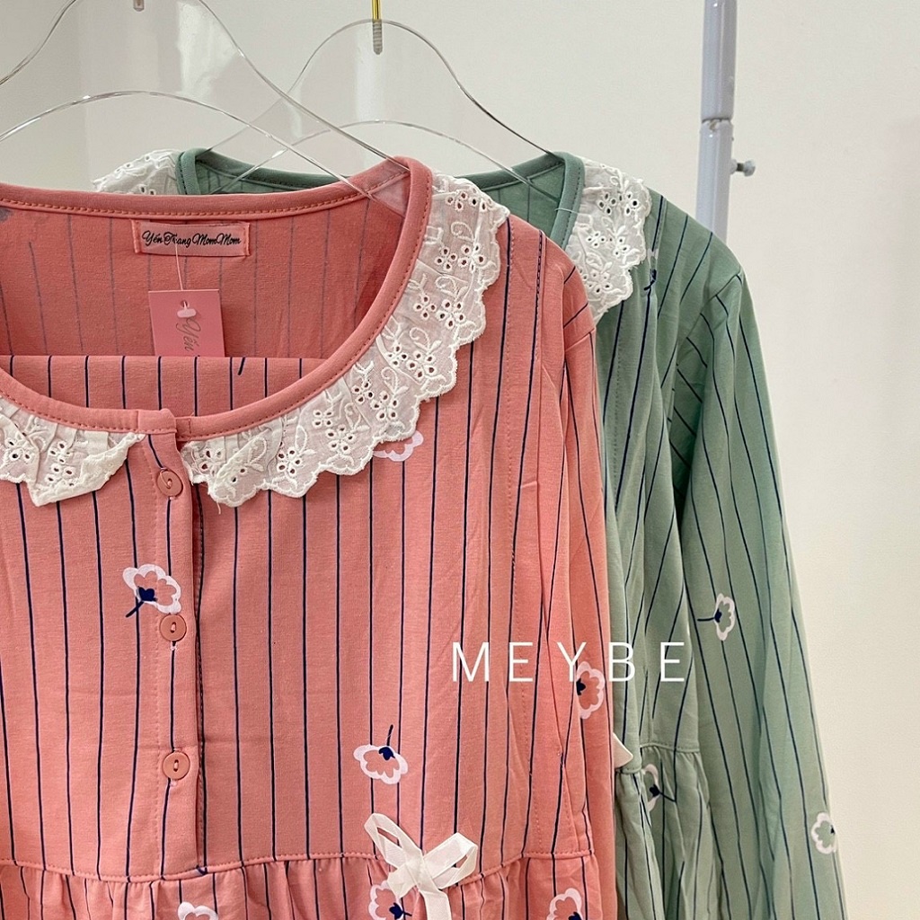 Bộ bầu và sau sinh dài tay, cổ ren bèo chất cotton đẹp mềm, kiểu dáng kẻ sọc cực xinh và trẻ trung