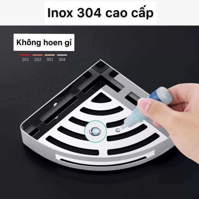 ( Dán tường ) Kệ góc, chữ nhật inox 304 sơn tĩnh điện để đồ nhà tắm đựng dầu gội sữa tắm kèm móc treo đa năng