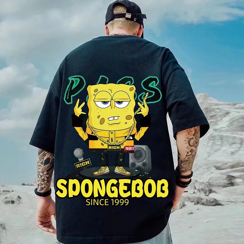 Áo Thun Tay Ngắn Dáng Rộng In Hình SpongeBob Phong Cách Hồng Kông Thời Trang Mùa Hè Cho Nam M-8XL