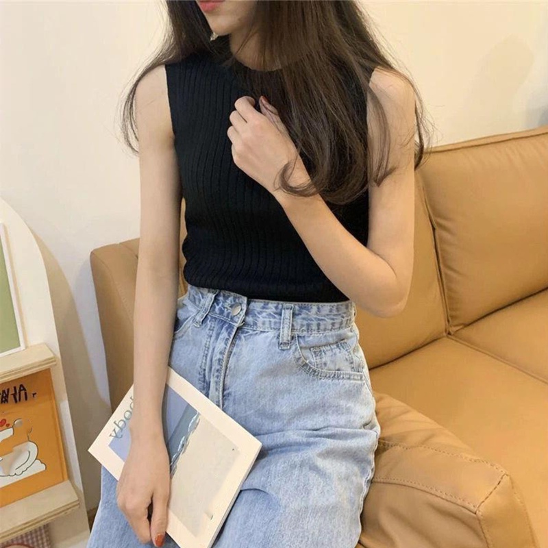 Áo Lửng Dệt Kim Sát Nách Cổ Tròn Màu Sắc Thanh Lịch Cho Nữ