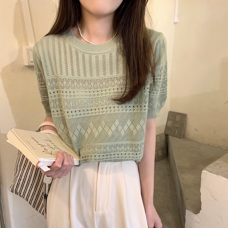 Áo len móc ZHELIHANGFEI tay ngắn dễ phối đồ hợp thời trang dành cho nữ