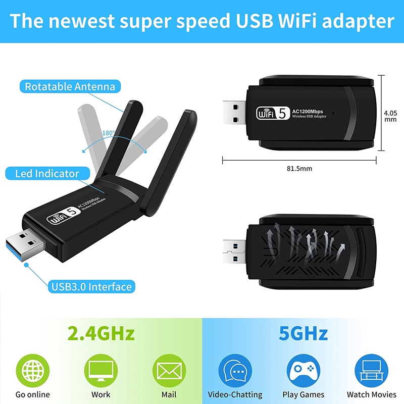Đầu chuyển đổi dongle thẻ mạng wifi không dây AC 1300Mbps 5.8G/ 2.4G LAN USB 3.0 bluetooth 4.2 802.11ac cho laptop