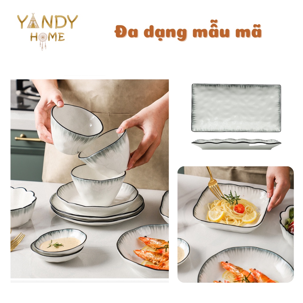 Bát đĩa tô chén gốm sứ YANDY HOME BB15 chất men cao cấp trắng đen viền mưa sang trọng siêu dày dặn