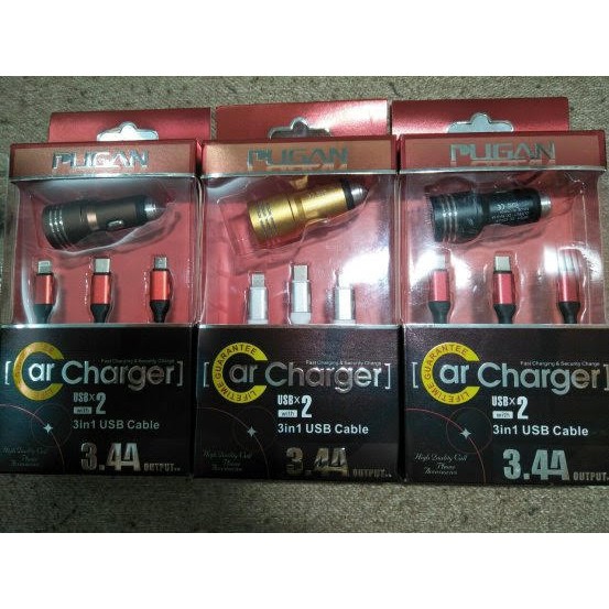 Tẩu sạc nhanh kèm dây cáp 3 đầu Ô tô xe hơi chính hãng Pugan với 2 chức năng sạc thông minh và sạc siêu tốc 4.8A