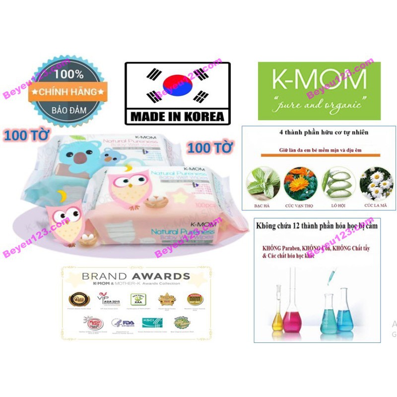 (100 tờ/bịch) Khăn ướt cao cấp không mùi K-MOM an toàn cho bé (Made in Korea)