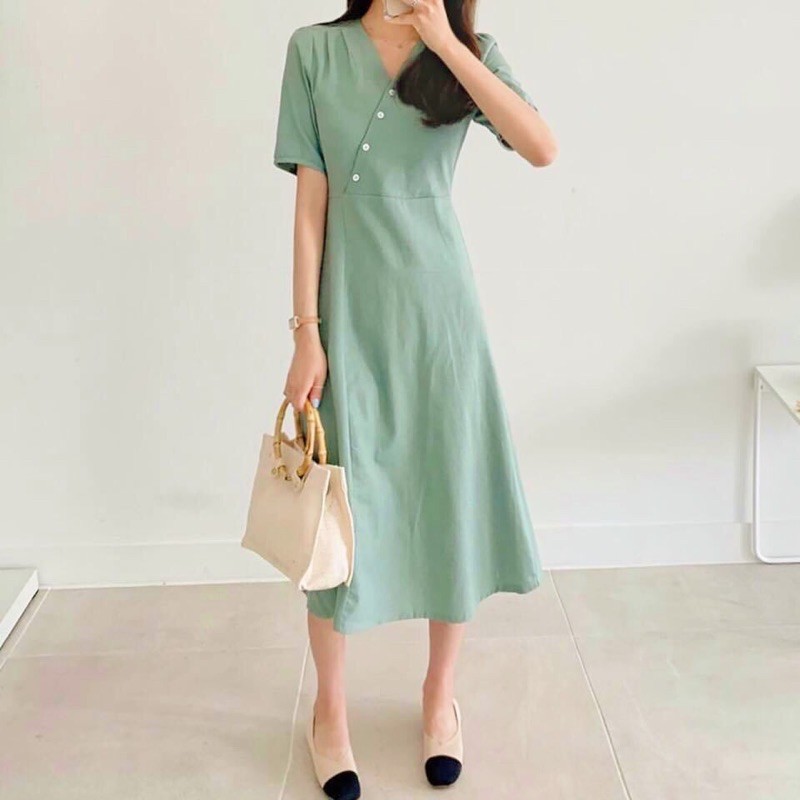 Đầm váy mint nút trắng form dài (kèm hình thật)