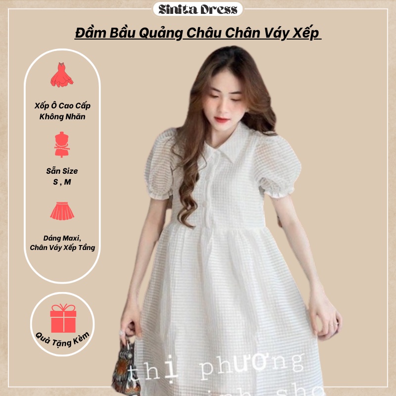 Đầm Bầu Suông Quảng Châu Xốp Vuông Không Nhăn Dáng Dài Chân Váy Xếp Sinita