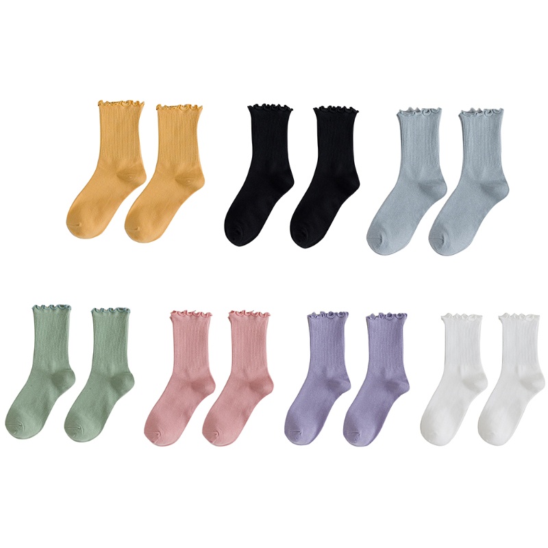 Vớ cotton dệt kim viền bèo nhún màu kẹo trơn phong cách mùa thu cho nữ