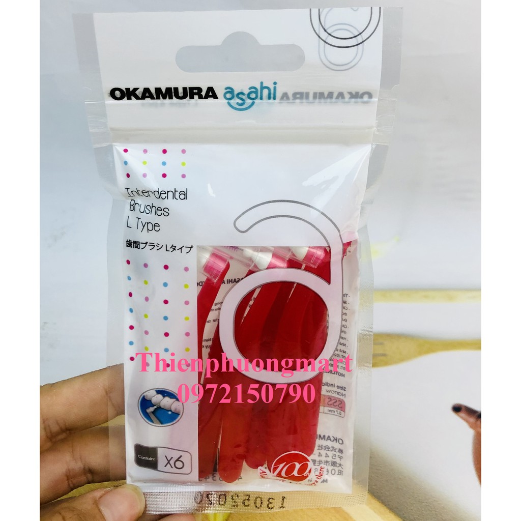 Bàn chải kẽ Okamura Asahi dạng hình L bịch 6 cây - Bàn chải Okamura chăm sóc răng miệng tiêu chuẩn Nhật bản