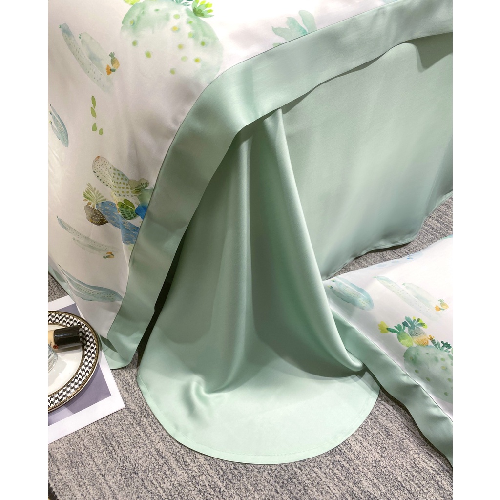 Bộ chăn ga gối 5 món 100%Tencel 60s, họa tiết Cây xương rồng màu sắc tươi sáng và sang trọng, chất liệu mềm mịn mát