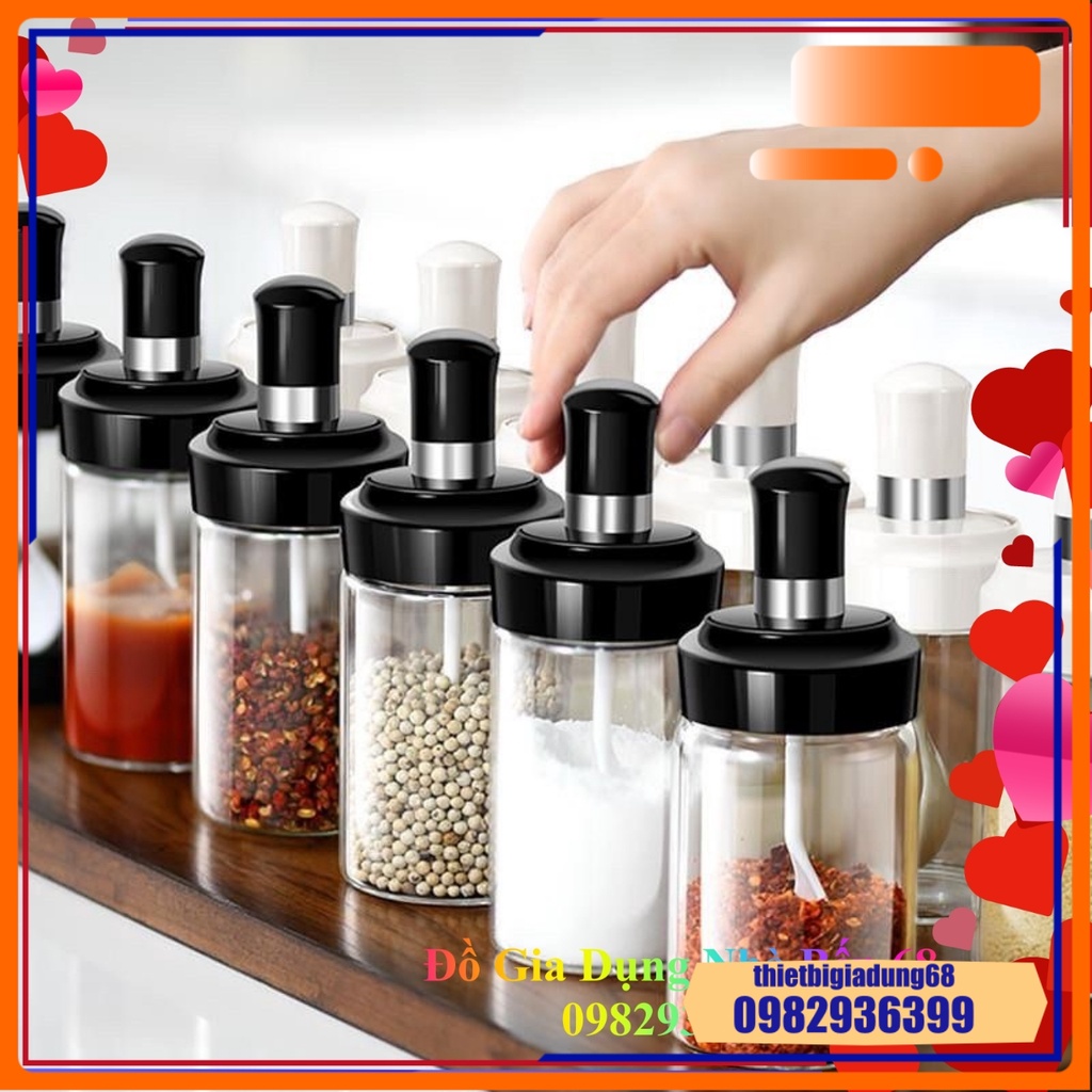 Hũ Đựng Gia Vị Thủy Tinh Cao Cấp Nắp Nhựa Kín Kèm Thìa 250ml - Lọ Đựng Gia Vị Nhà Bếp Tiện Dụng Nắp Nhựa Có Doăng Kín