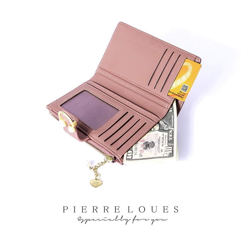 Ví ngắn PIERRE LOUES hai ngăn dạng gấp có dây khóa kéo thiết kế đơn giản thời trang dành cho nữ