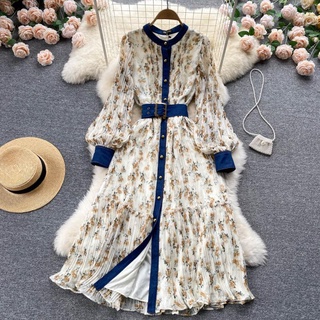 #2194 [Sẵn một số size] Đầm tay dài dáng suông họa tiết hoa có lớp lót trong viền xanh