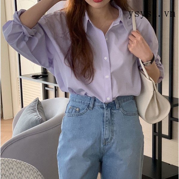 Áo Sơ Mi Dáng Rộng Màu Tím Nhạt Phong Cách Hàn Quốc Thời Trang Mới 2021 Cho Nữ