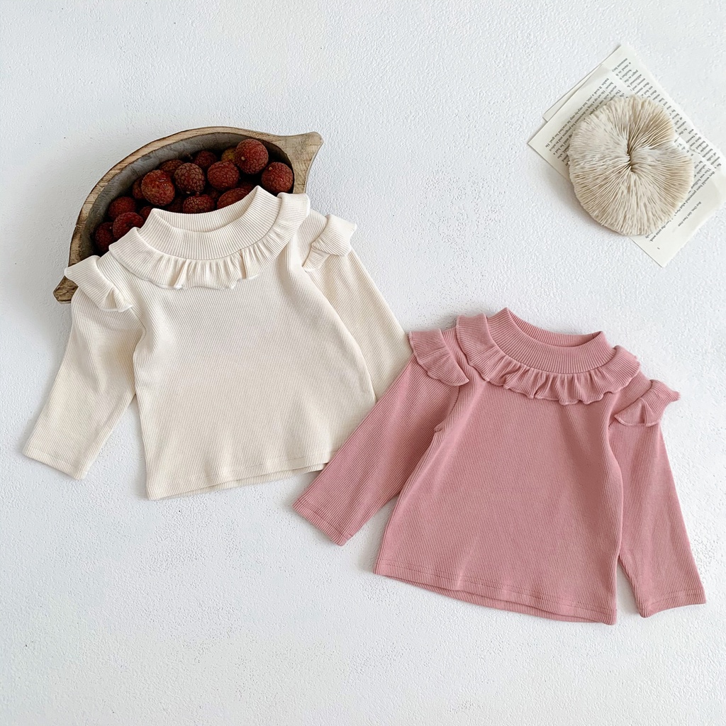 Áo Cotton Tay Dài Phối Ren Màu Kẹo Dễ Thương Phong Cách Hàn Quốc Thời Trang Mùa Đông Cho Bé Gái