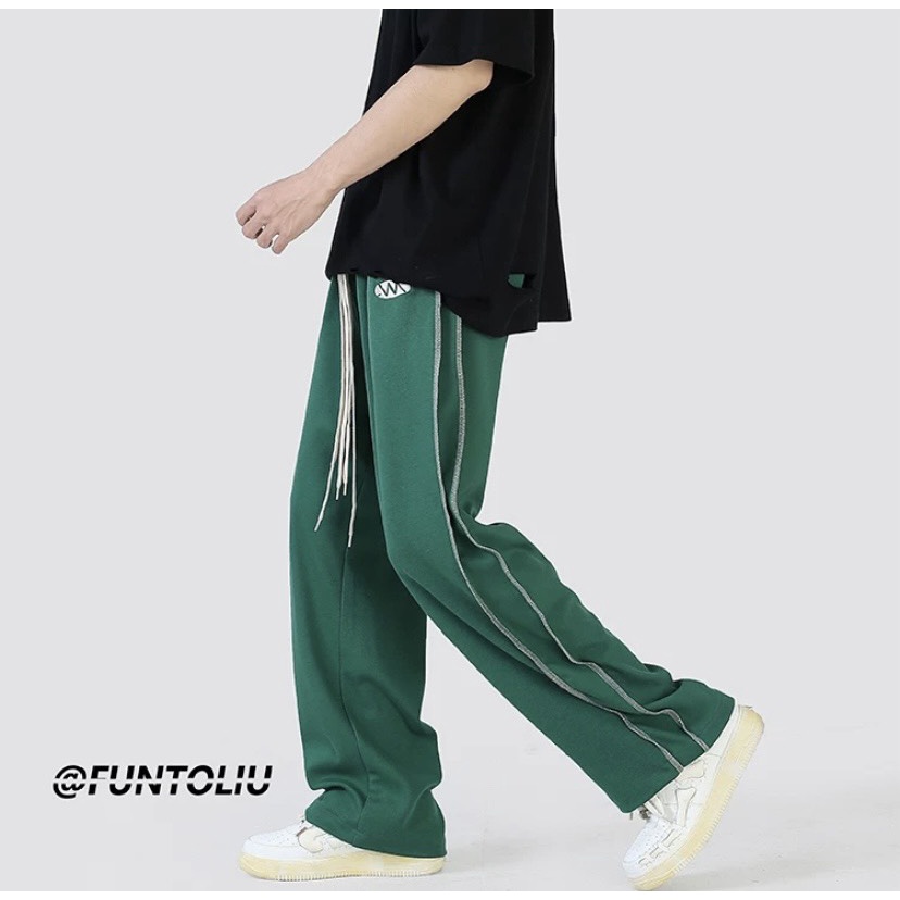 Quần thể thao nam nữ dáng  suông 2 sọc bé-quân ống rộng unisex vải umi dày dặn