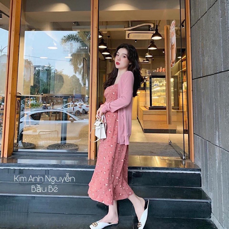 SET VÁY HOA DÁNG DÀI KÈM ÁO KHOÁC CADIGAN HỒNG VINTAGE | BigBuy360 - bigbuy360.vn