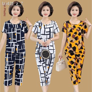 ❉Bộ đồ cotton lụa cho người trung niên và cao tuổi thời trang phụ nữ mặc ngoài mùa hè cho mẹ bộ đồ ngủ ngắn tay ở nhà bằ