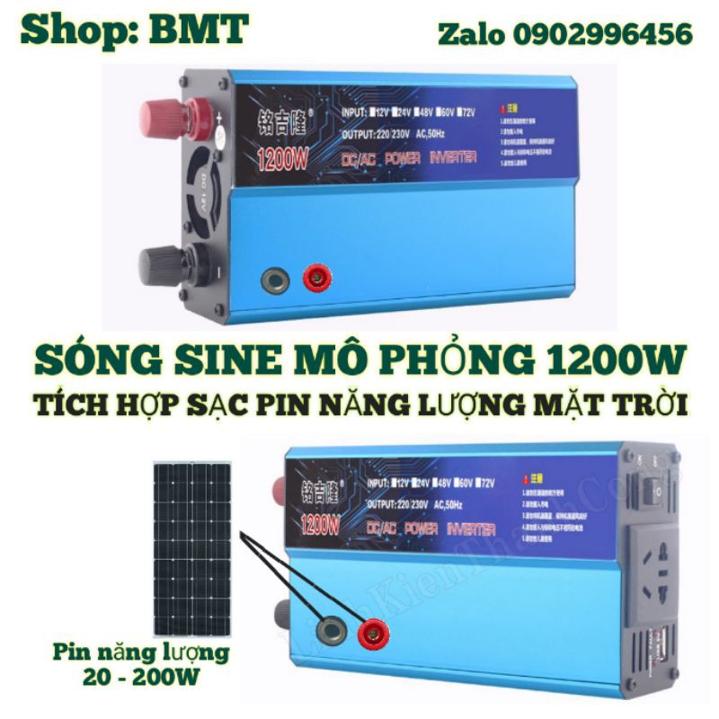 Bộ đổi nguồn 12V sang 220V 1600W tích hợp cổng sạc năng lượng mặt trời