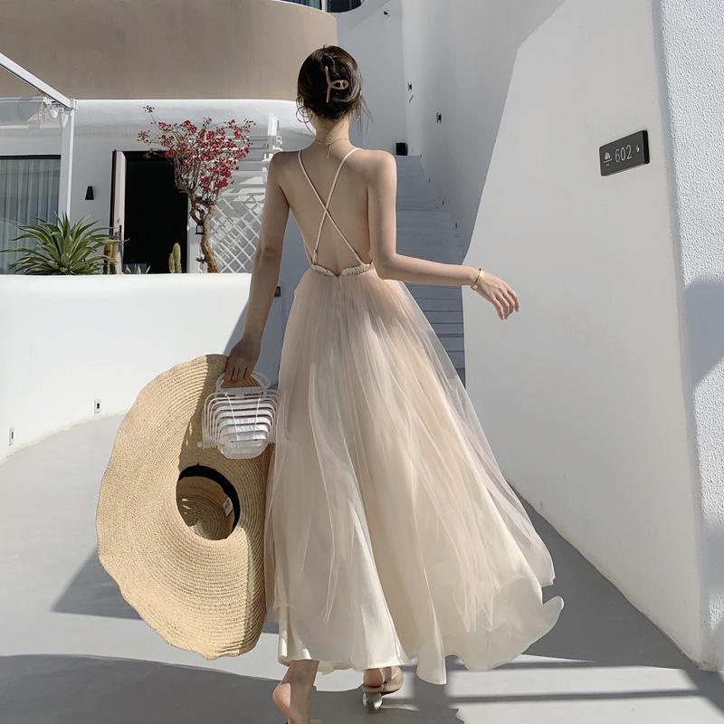 Đầm Hai Dây Ôm Eo Hở Lưng Phối Lưới Thời Trang Đi Biển/Du Lịch Dành Cho Nữ