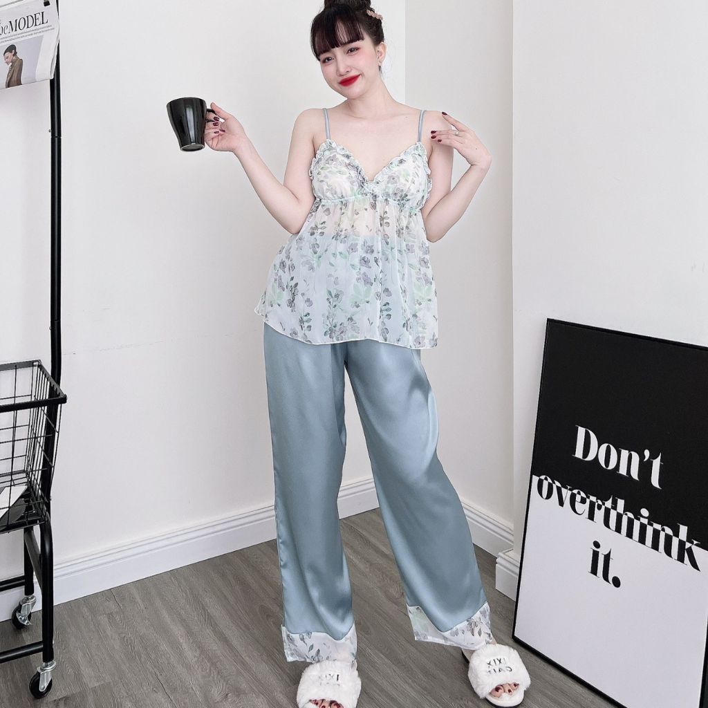 Đồ ngủ nữ mút ngực MIKY, Đồ ngủ sexy lụa Chiffon phối Satin cao cấp mềm mại xinh xắn &lt; 63KG