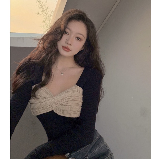 Porozi  Áo sweater nữ  dệt kim cổ vuông phong cách Hàn Quốc