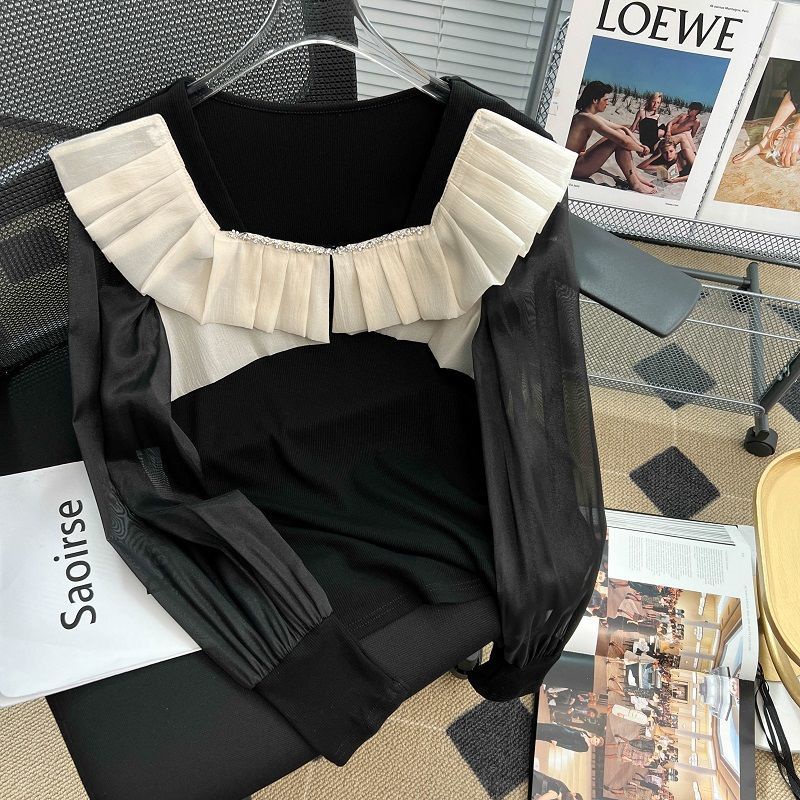 Áo Sơ Mi Nữ Tay Dài Cổ Vuông Viền Lá Sen Thời Trang Hàn Quốc Mới