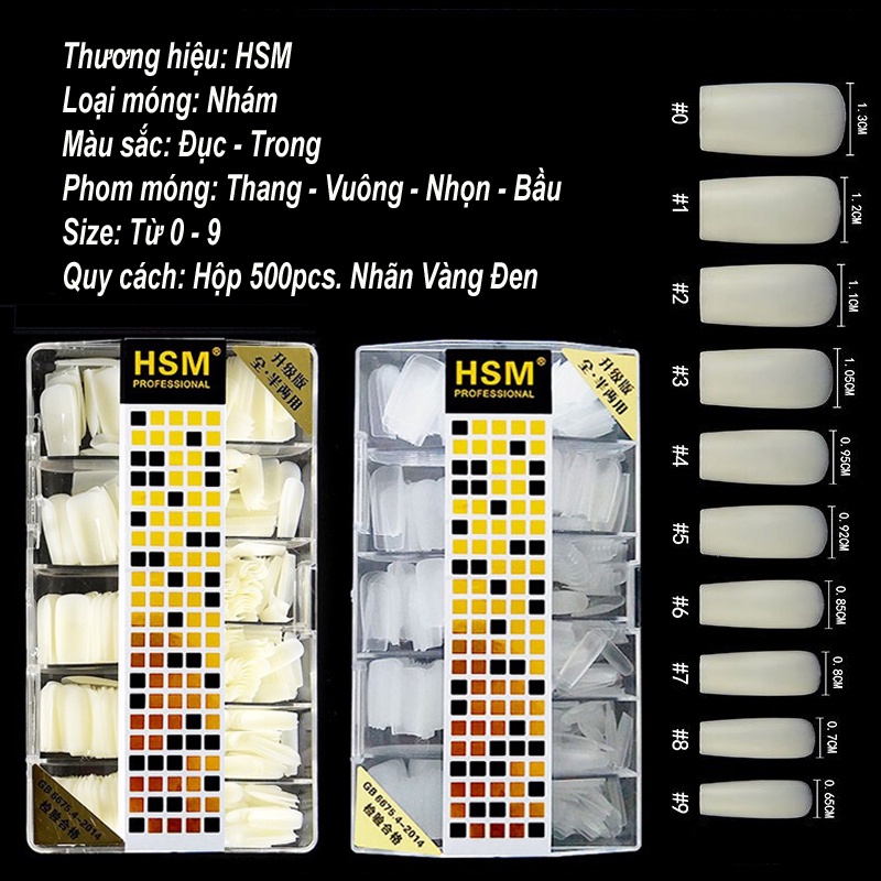 Móng úp tay giả đủ phom vuông thang nhọn bầu HSM chính hãng nhám đục trong chuẩn size Hàn Quốc nail 500 móng
