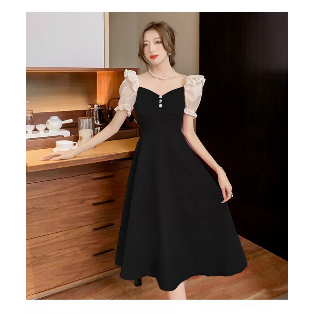 Đầm váy nữ tay phồng nhún bèo phối voan kiếng siêu xinh với 3 màu chủ đạo sang chảnh dành cho các nàng đi chơi, dạo phố