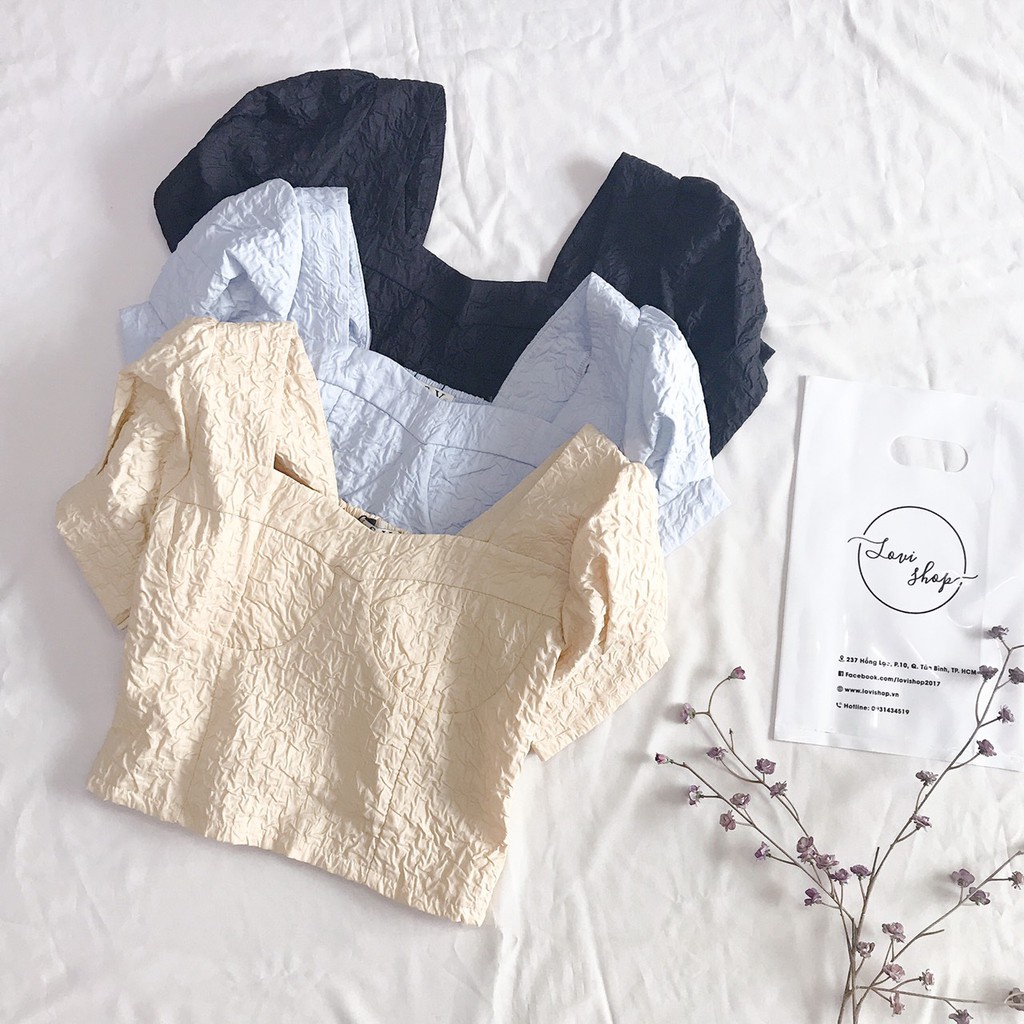 ❧♣♨Áo xốp chun croptop cổ vuông tay phồng Lovi | BigBuy360 - bigbuy360.vn
