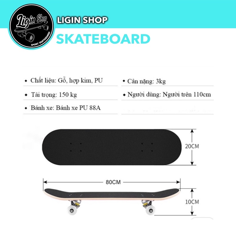 Ván trượt Skateboard mặt nhám, trượt ván, ván trượt thể thao gỗ ép 8 lớp chắc chắn.