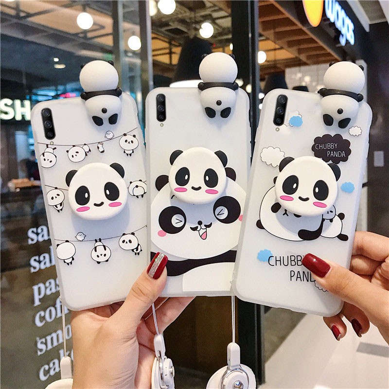 Ốp lưng OPPO A91 A83 A71 A57 A39 A37 A37F F3 A12 A12e A9 A7 A5 A5S A3S A1K Reno 3 Realme 6 6i 5 5i 5S 3 C15 C12 C11 C2 C1 Pro 2020 3D Cartoon Panda Soft TPU Case Cover+Stand+Lanyard