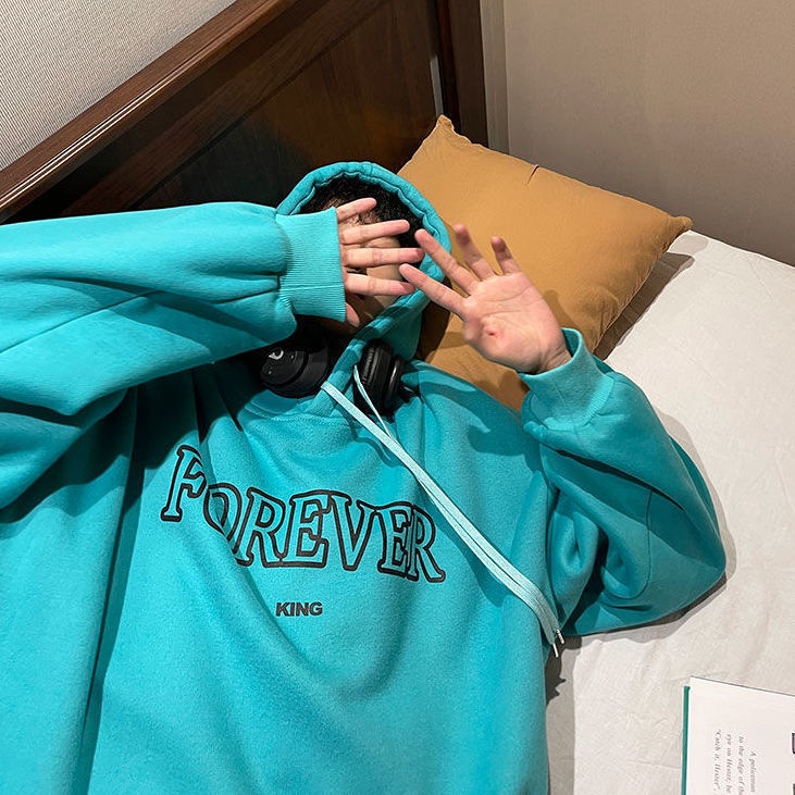 Áo hoodie lót nhung dáng rộng phong cách Hàn Quốc năng động