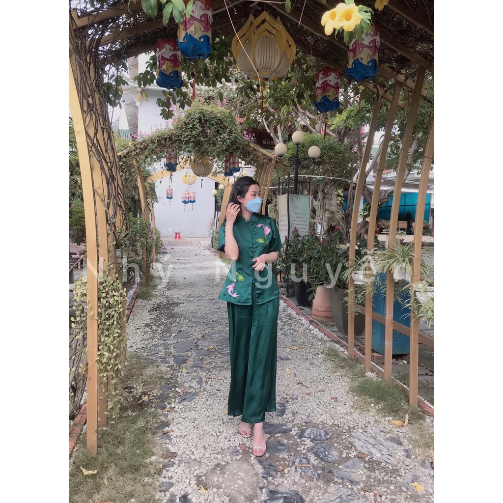 Đồ Lam Nữ Đi Chùa Mẫu Cá Ngọc Vải Lụa Satin MÀU XANH RÊU HÌNH THẬT KHÁCH ĐÃ MUA MẶC