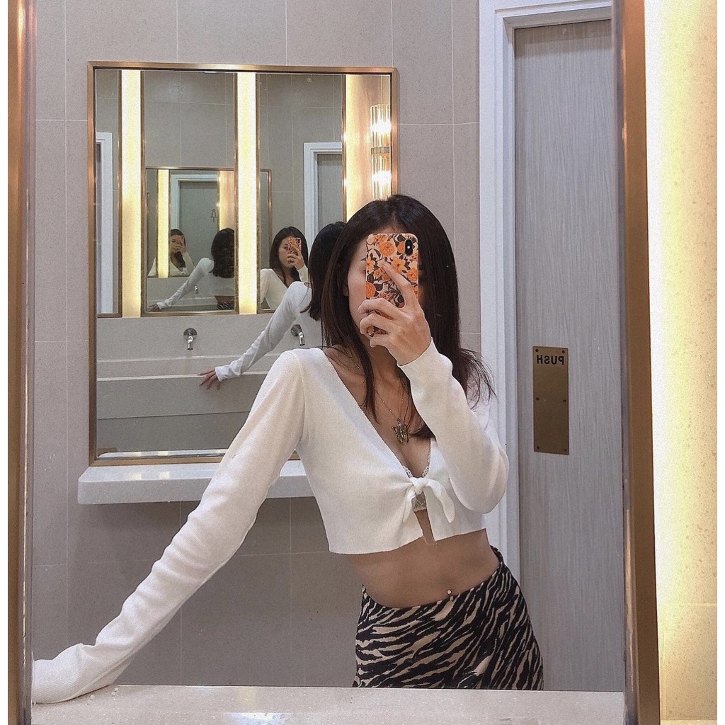 Áo Kiểu Tay Dài Áo Croptop Ôm Màu Trắng Basic Co Giãn Cột Nơ Năng Động Trendy SUGARBOMB.MODE | WebRaoVat - webraovat.net.vn