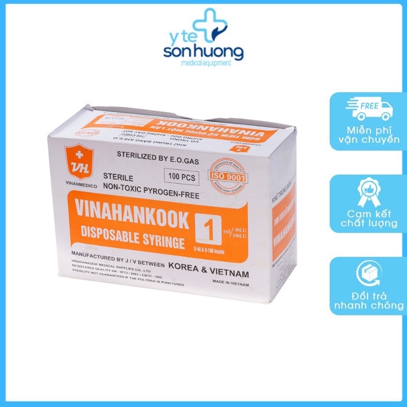 Bơm Tiêm Tiểu Đường,Bơm tiêm Vinahankook 1cc Insuline hộp 100 cây