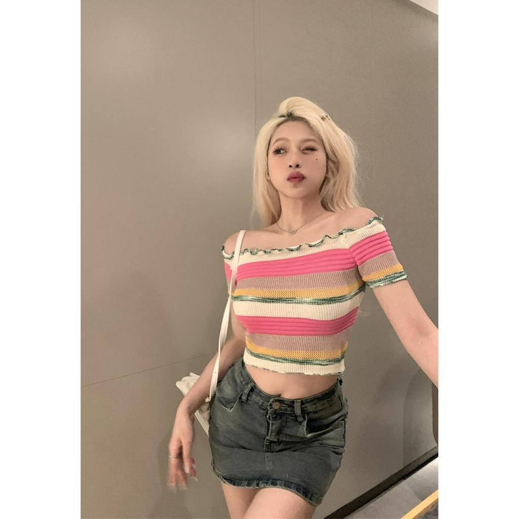 QADCOL Áo Thun Dệt Kim Ngắn Vừa Vặn Họa Tiết Kẻ Sọc Nhiều Màu Sắc Phong Cách Mùa Hè Mới