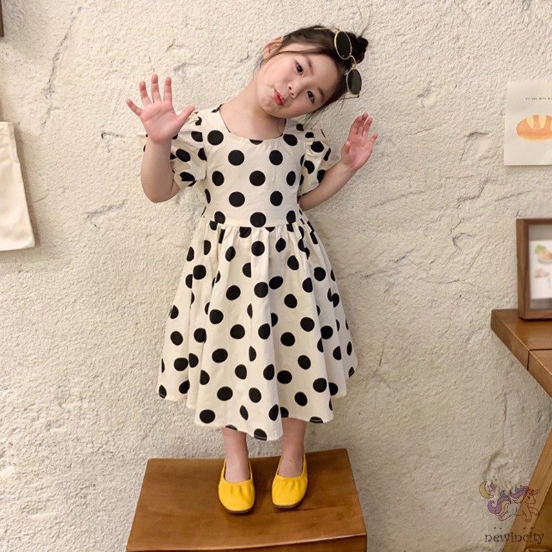 Đầm Tay Phồng Họa Tiết Chấm Bi Phong Cách Hàn Quốc Cho Bé Gái
