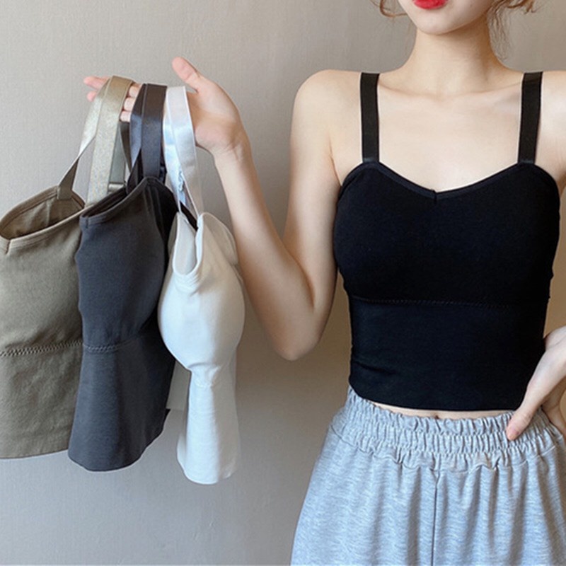 Áo Bra Nữ 2 Dây Gân Tăm Cúp Tròn Dáng Lửng Có Mút Nâng Ngực Dây Bản To Điều Chỉnh