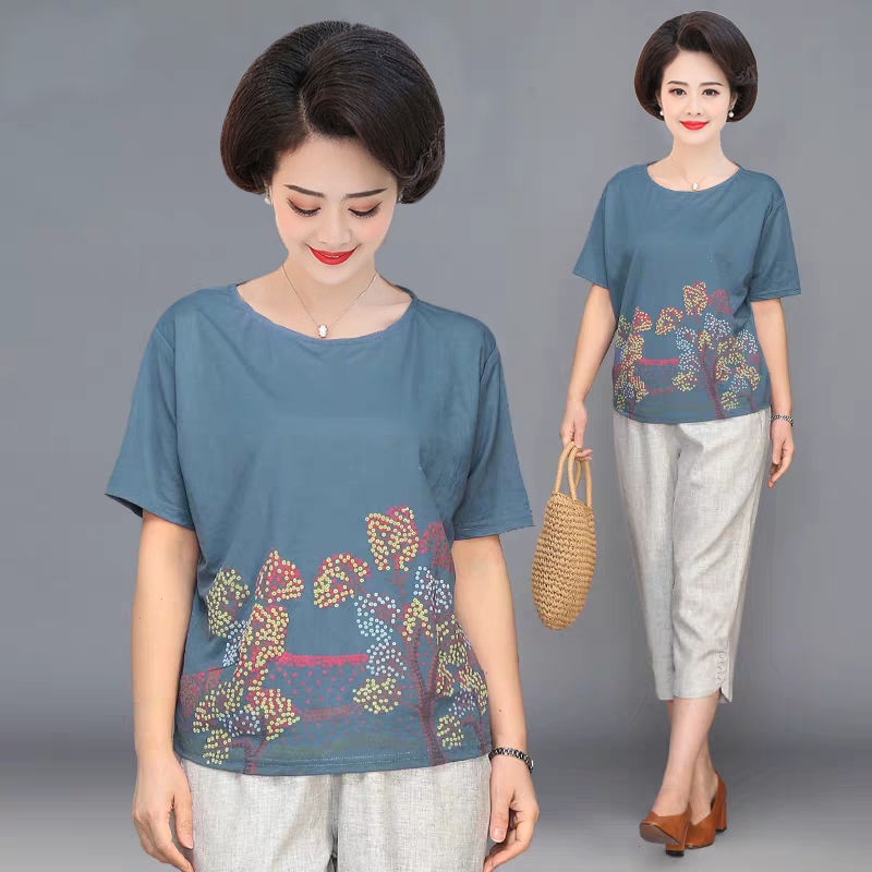 Áo sơ mi mùa hè mới dành cho mẹ, áo phông ngắn tay cho phụ nữ trung niên và cao tuổi
