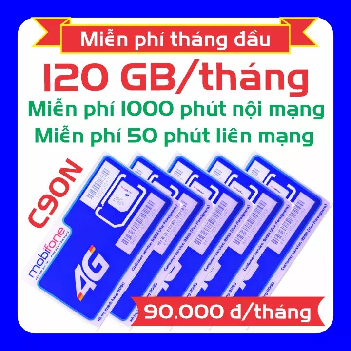 Sim 4g mobifone C90n giá rẻ tặng 120G 1000 phút nội mạng,50 phút liên mạng,gia hạn 90k 1 tháng