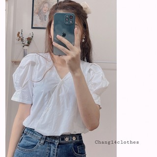 Áo sơ mi thô hàn cúc lệch tay bồng